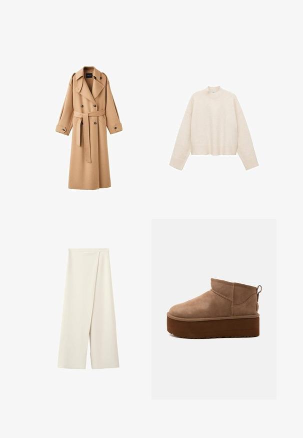 Camelkleurige wollen trenchcoat met een dubbelbreasted voorkant, brede revers, een ceintuur in de taille en lange mouwen met knoopdetails.; Crème pullover trui gemaakt van zachte stof, met een hoge nek, verlaagde schouders en een cropped ontwerp met geribde boorden.; Crèmekleurige broek met wijde pijpen, een hoge taille en een overlappend voorpaneel.; Halve hoogte bruine suède instapschoen met dikke plateauzool en een trek-lus aan de achterkant tegen een lichte achtergrond.