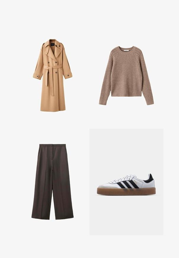 Camelkleurige wollen trenchcoat met een dubbelbreasted voorkant, brede revers, een ceintuur in de taille en lange mouwen met knoopdetails.; Bruin geribd sweater met lange mouwen, ronde hals en een relaxte pasvorm. Kenmerkt zich door een textiel met verticale lijnen door het geheel.; Donkerbruine wijde broek met zijzakken en een verborgen voorzijde sluiting, weergegeven op een witte achtergrond.; Witte leren sneakers met zwarte strepen, gumrubberen buitenzool, ronde neus, vetersluiting en een zachte grijze suède neuskap.