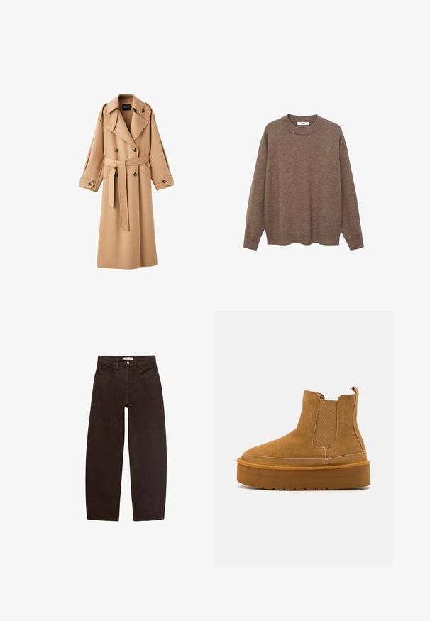 Kamelfarvet uldtrenchcoat med dobbeltbrystet front, brede klapper, bælte i taljen og lange ærmer med knapdetaljer.; Brun strikket sweater med rund halsudskæring og lange ærmer. Den har en afslappet pasform samt ribbede manchetter og søm for ekstra tekstur.; Brune denim jeans med en afslappet pasform, der har fem lommer, bæltestropper og en klassisk lynlås. Glat tekstur og lige ben design.; Even&Odd Wide Fit Vinterstøvler - cognac