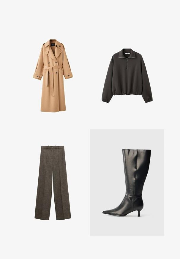 Camelkleurige wollen trenchcoat met een dubbelbreasted voorkant, brede revers, een ceintuur in de taille en lange mouwen met knoopdetails.; Donkergrijze pullover met hoge kraag, korte rits aan de voorkant en elastische zoom. Zachte stof met een ontspannen, losse pasvorm.; Bruine wijde pijpen broek met plooien aan de voorkant, riemlussen en een gestructureerde stof.; Zwarte leren kniehoge laars met puntige neus en lage kittenhak, weergegeven op een effen lichte achtergrond.