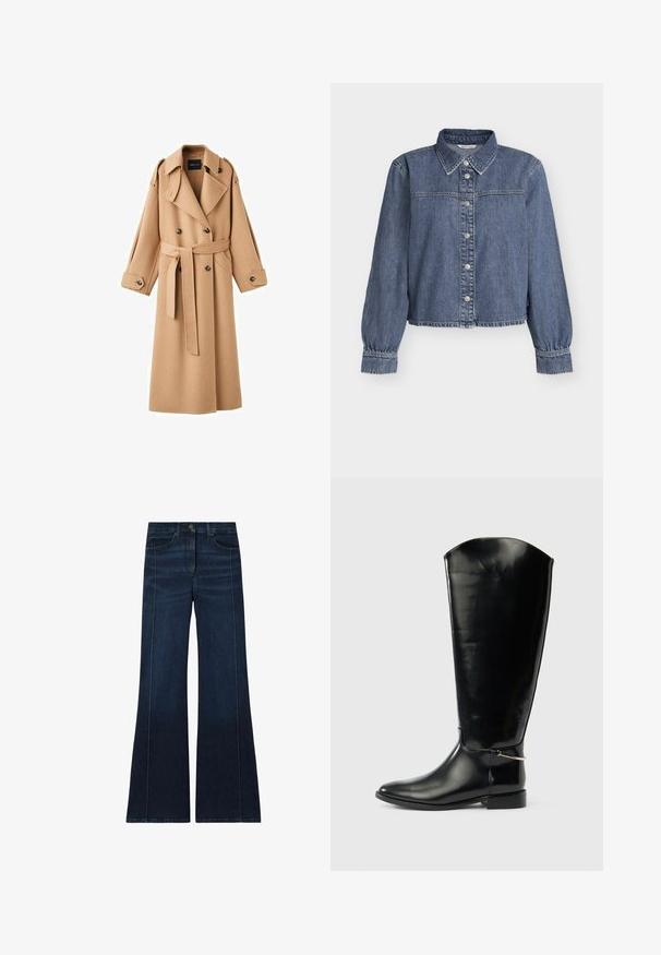 Kamelfarvet uldtrenchcoat med dobbeltbrystet front, brede klapper, bælte i taljen og lange ærmer med knapdetaljer.; Blå denimjakke med knaplukning foran, lange puffede ærmer, spidst krave og smalle manchetter.; Reiss PETITE FIT - HEATHER STRETCH WIDE - Wide leg - dark blue; Høj sort læderstøvle med spids tå, lav hæl og sølvfarvet metaldetalje ved anklen på en ens hvid baggrund.