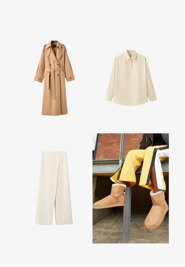 Camelkleurige wollen trenchcoat met een dubbelbreasted voorkant, brede revers, een ceintuur in de taille en lange mouwen met knoopdetails.; Beige overhemd met lange mouwen en knopen, subtiele verticale strepen en een puntige kraag, getoond op een witte achtergrond.; Crèmekleurige broek met wijde pijpen, een hoge taille en een overlappend voorpaneel.; Tan suède enkellaarsjes met een fluffy binnenvoering en platte rubberen zolen, tentoongesteld naast gele sportbroeken met zwart-witte strepen.