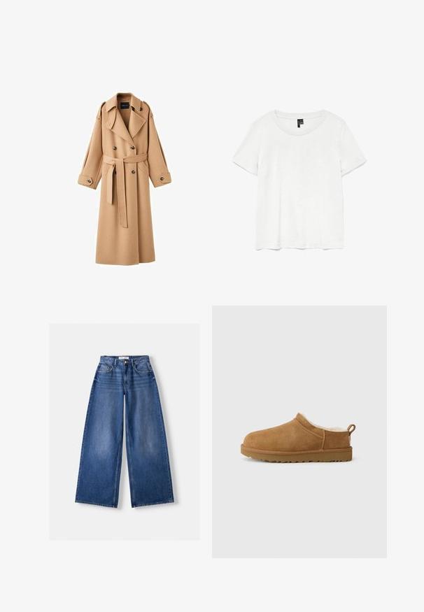 Kamelfarvet uldtrenchcoat med dobbeltbrystet front, brede klapper, bælte i taljen og lange ærmer med knapdetaljer.; Hvid kortærmet t-shirt med rund halsudskæring, lavet af letvægtsstof. Enkel design, glat tekstur og lige kant.; Bredbenet blå denimjeans med forlommer, bæltestropper og knaplukning, lagt fladt på en lys baggrund.; Brune ruskind slip-on sko med blødt, hvidt pelsfor, flad gummisål, rund tå og lille trækstrop ved hælen.