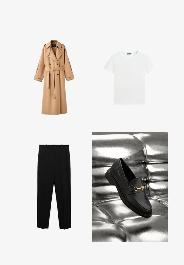 Camelkleurige wollen trenchcoat met een dubbelbreasted voorkant, brede revers, een ceintuur in de taille en lange mouwen met knoopdetails.; Effen wit T-shirt met korte mouwen, een ronde hals en een klein zwart labeltje aan de binnenkant van de kraag.; Zwarte op maat gemaakte broek met een recht model, met voorplooien, een gladde textuur en een standaard tailleband met riemlussen.; Zwarte leren instapper met een goudkleurig hardware-detail. De schoen heeft een strak ontwerp en een gladde, glanzende textuur.