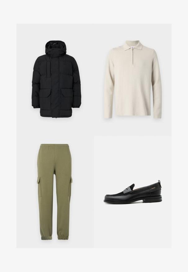 Veste rembourrée noire avec capuche, dotée de fermetures à pression, de deux poches avant et de poignets élastiques. Texture lisse, design décontracté.; Polo à manches longues de couleur crème avec une fermeture éclair au col, fabriqué en tissu doux et texturé, avec une coupe classique et un design minimaliste.; Pantalons cargo en tissu léger vert olive, dotés de poches latérales, d'une taille élastique et de poignets fuselés pour un ajustement parfait.; Mocassin en cuir noir avec détail de bride grise, talon bas et semelle texturée, marqué "HUGO" en or sur le côté.