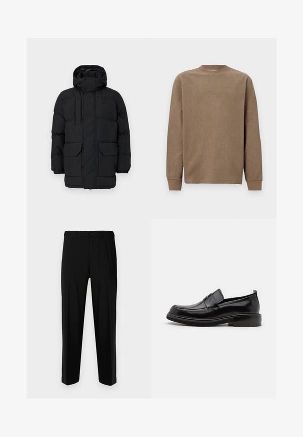 Veste rembourrée noire avec capuche, dotée de fermetures à pression, de deux poches avant et de poignets élastiques. Texture lisse, design décontracté.; Pull en maille côtelée marron à manches longues avec un col rond et des poignets ajustés. Texture douce et design simple, adapté pour un style décontracté.; Pantalon noir en tissu lisse, présentant une coupe droite, deux poches avant et une fermeture à glissière avec bouton.; Calvin Klein MOCCASIN - Mocassins de ville - black