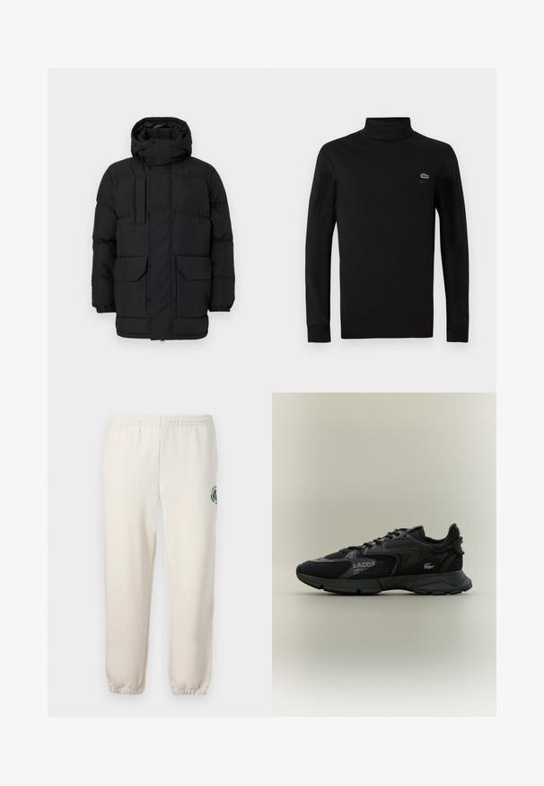 Schwarze gepolsterte Jacke mit Kapuze, ausgestattet mit Druckknopfverschlüssen, zwei Vorderaschen und elastischen Bündchen. Glatte Textur, lässiges Design.; Schwarzes langärmeliges Turtleneck aus glattem Baumwollstoff, mit einem kleinen grünen Krokodil-Logo auf der linken Brust.; Helle beige Sweatpants aus Baumwolle mit einem elastischen Bund, gerippten Bündchen und einem grünen Logo mit Blattdesign am linken Bein.; Schwarzer Lacoste-Sneaker mit Netz- und Wildlederpaneelen, schwarzer Sohle, Schnürsenkeln, Logo und Koordinatentext an der Seite auf einem schlichten beigen Hintergrund.