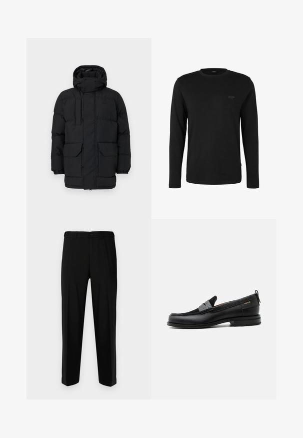 Sorte polstret jakke med hætte, der har trykknaplukninger, to forreste lommer og elastiske manchetter. Glat tekstur, afslappet design.; Sort langærmet crewneck-shirt med lille "JOOP! JEANS"-logo på venstre bryst, vist på en ensfarvet hvid baggrund.; Sorte bukser lavet af glat stof, med lige snit, to forlommer og lynlås med knaplukning.; Sort læderloafer med grå remdetalje, lav hæl og tekstureret sål, mærket med "HUGO" i guld på siden.