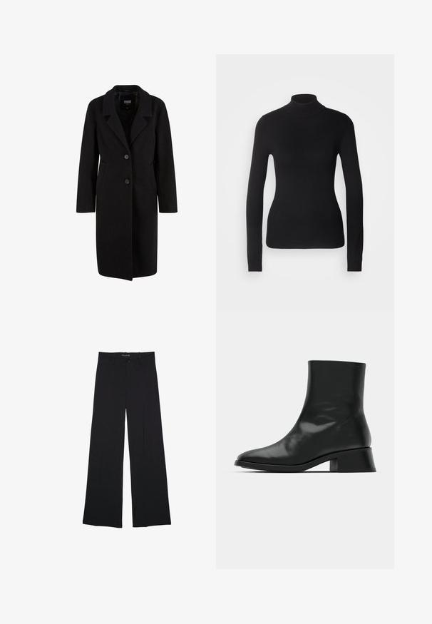 Sort uldblandingsfrakke med reverskrave, to-knaps lukning, sidelommer og lange ærmer. Glat tekstur, knælangt design.; Sort turtleneck sweater lavet af let strikket stof. Har lange ærmer, et tætsiddende design og en blød ribbet tekstur.; Sorte bukser med vide ben, bæltestropper, knaplukning foran og lynlås, lagt fladt på en hvid baggrund.; Sort ankelstøvle lavet af blank læder, med et strømlinet design, spids tå og en moderat blokhælhøjde for stabilitet.