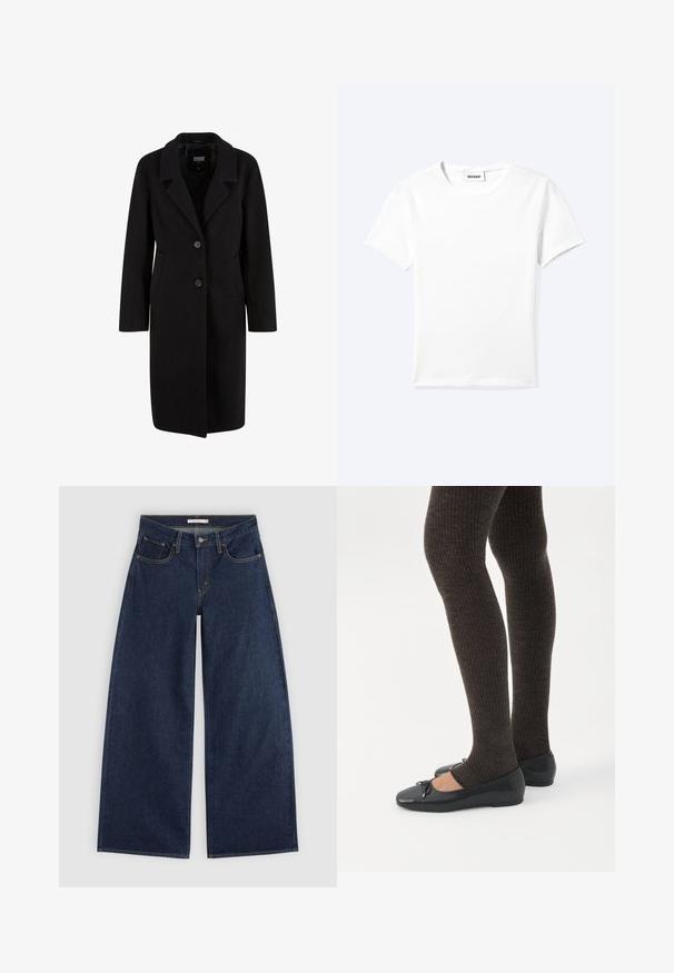 Zwarte wolmix jas met een geknipt kraag, sluiting met twee knopen, zijzakken en lange mouwen. Gladde textuur, knielange ontwerp.; Effen wit T-shirt met korte mouwen en ronde hals met een klein "WEEKDAY" label aan de binnenkant van de hals, plat neergelegd op een lichte achtergrond.; Donkerblauwe wijde spijkerbroek met voorzakken, riemlussen en knoopsluiting, plat gelegd op een lichte achtergrond.; Benen met donkere geribbelde leggings gecombineerd met zwarte ballerina's met kleine strikdetails op een witte achtergrond.