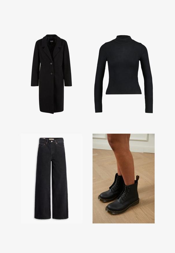 Zwarte wolmix jas met een geknipt kraag, sluiting met twee knopen, zijzakken en lange mouwen. Gladde textuur, knielange ontwerp.; Zwart langemouwen turtleneck top gemaakt van ribbelstof, met een aansluitend ontwerp en slanke silhouette. Geen patronen of accenten.; Zwarte brede jeans gemaakt van denim, met vijf zakken, koperen klinknagels en een klassieke knoopsluiting. Glad van textuur met een strakke uitstraling.; Zwarte leren enkelboots met een ritssluiting en veters, gekenmerkt door gele stiksels en een dikke, gestructureerde zool.