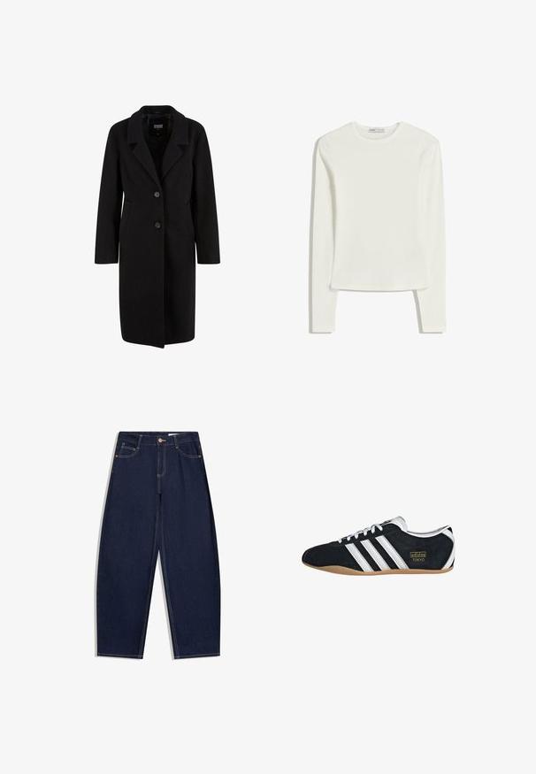 Sort uldblandingsfrakke med reverskrave, to-knaps lukning, sidelommer og lange ærmer. Glat tekstur, knælangt design.; Hvid langærmet top lavet af blødt, glat stof. Har rund halsudskæring og slim fit med minimale syninger.; Mørkeblå denimjeans med løs pasform, fem lommer, knaplukning og kontrasterende gule syninger langs sømmene.; Sort ruskinds sneaker med hvide tre striber, guldlogo og en brun gummisål. Har et lavprofil snørebåndsdesign.
