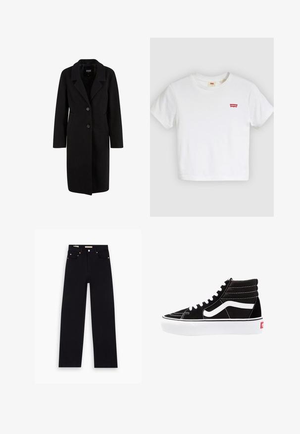 Zwarte wolmix jas met een geknipt kraag, sluiting met twee knopen, zijzakken en lange mouwen. Gladde textuur, knielange ontwerp.; Witte T-shirt met korte mouwen en ronde hals met klein rood Levi's-logo op de linkerborst.; Zwarte denim jeans met een recht model, vijf zakken, koperen hardware en een gladde textuur. Twee labels zichtbaar op de tailleband.; Zwarte high-top sneakers met witte veters, een wit logo en contrasterende witte stiksels. Heeft een dikke witte zool en een bovenwerk van gestructureerd suede.