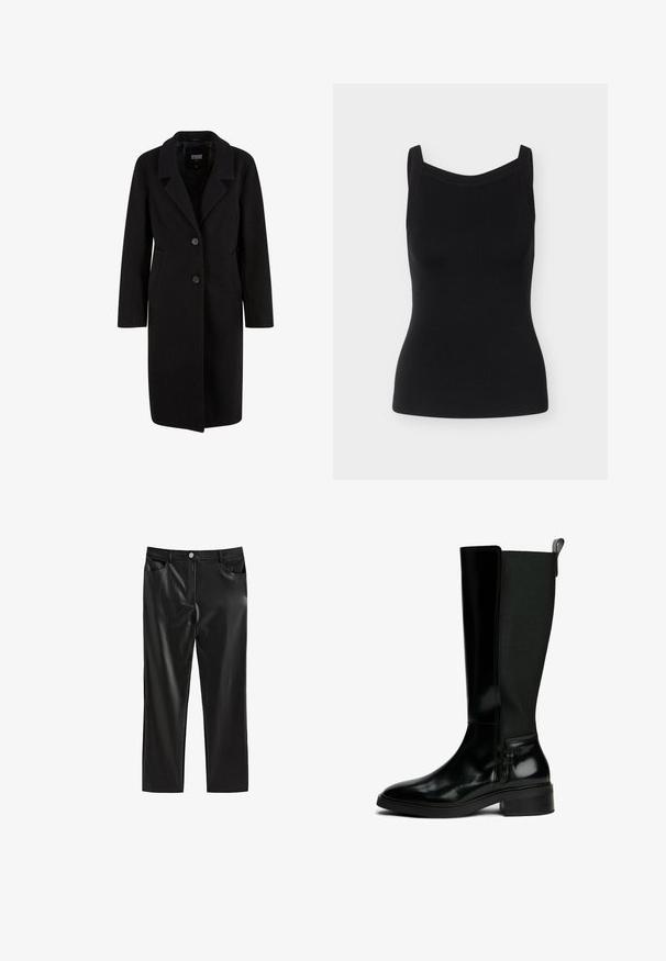 Manteau en mélange de laine noir avec un col en V, fermeture à deux boutons, poches latérales et manches longues. Texture lisse, design longueur genou.; Débardeur sans manches en maille côtelée noire avec larges bretelles et encolure droite, silhouette ajustée sur fond gris clair.; Pantalon en similicuir noir à coupe droite, avec une fermeture à boutons à l'avant et deux poches latérales. Texture lisse avec une finition brillante.; Botte noire jusqu'au genou avec un avant en cuir lisse, un dos en tissu texturé, un petit talon bloc et une languette de tirage à l'arrière du haut.