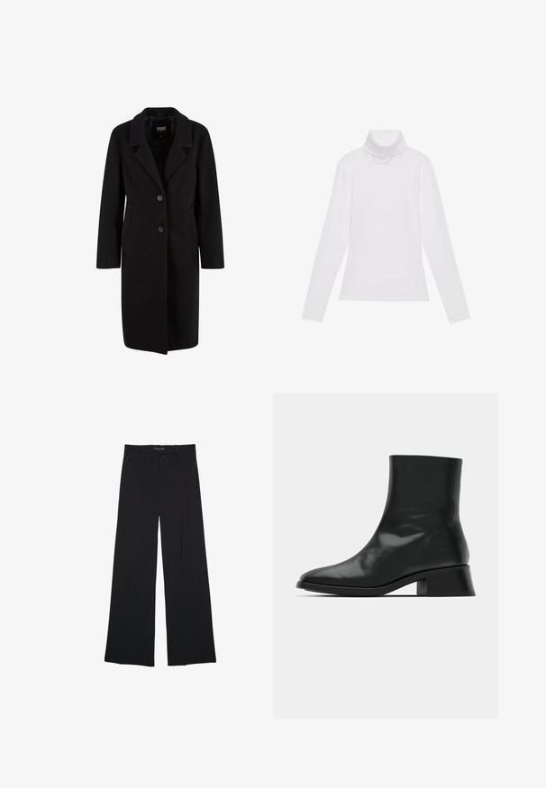 Sort uldblandingsfrakke med reverskrave, to-knaps lukning, sidelommer og lange ærmer. Glat tekstur, knælangt design.; Hvid langærmet turtle-neck top lavet af glat, strækbart stof. Har en høj krave og tætsiddende design, uden synlige mønstre eller udsmykninger.; Sorte bukser med vide ben, bæltestropper, knaplukning foran og lynlås, lagt fladt på en hvid baggrund.; Sort ankelstøvle lavet af blank læder, med et strømlinet design, spids tå og en moderat blokhælhøjde for stabilitet.