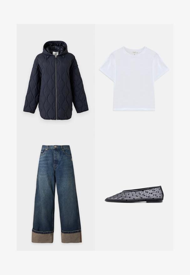 Veste matelassée bleu marine avec capuche, fermeture éclair intégrale à l'avant et cordons de serrage sur la capuche, présentée sur fond blanc.; T-shirt blanc court en coton doux, avec un col rond et des manches courtes, d'ajustement légèrement décontracté. Pas de motifs ni d'accents.; Jean denim bleu à jambes larges avec ourlets retroussés montrant un tissu intérieur plus clair, poches avant et fermeture à boutons à la taille.; Chaussure plate noire à bout pointu, en tissu transparent avec un motif à pois noirs sur un fond clair.