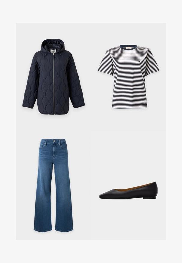 Veste matelassée bleu marine avec capuche, fermeture éclair intégrale à l'avant et cordons de serrage sur la capuche, présentée sur fond blanc.; Chemise à manches courtes avec des rayures horizontales noires et blanches et un petit logo brodé sur la poitrine gauche, présentée sur un fond uni.; Jean en denim bleu taille haute avec jambes larges, fermeture devant par bouton et zip, design classique cinq poches sur fond blanc.; Chaussure plate en cuir noir à bout pointu avec talon bas et finition lisse, vue de côté sur un fond gris clair.