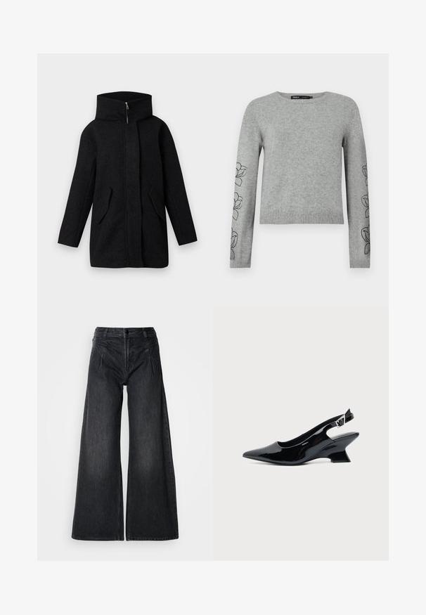 Sort uldfrakke med høj krave, frontlynlås skjult af en plade, og to skrå klaplommer, vist på en hvid baggrund.; Grå strikket sweater med lange ærmer, ribbet kant og blomsterbroderi på ærmerne. Rund halsudskæring og struktureret materiale.; Sorte vidde jeans lavet af denim, med en høj talje, to forlommer og synlige sømme samt en subtil tekstureret finish.; Sort laklæder slingback sko med spids tå og lav vinklet blokhæl på ensartet lys baggrund.