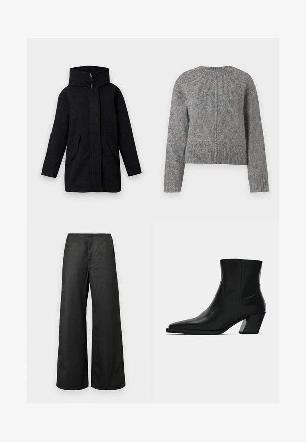 Sort uldfrakke med høj krave, frontlynlås skjult af en plade, og to skrå klaplommer, vist på en hvid baggrund.; Grå strikket sweater med lange ærmer og rund halsudskæring. Har et cropped design og lodret ribbet struktur. Ingen synlig hardware.; Sorte bredbenede bukser med forlommer og høj talje, lavet af et glat stof, præsenteret mod en ensfarvet lys baggrund.; Sortlæder ankelstøvle med spids tå, en slank silhuet og en kraftig firkantet hæl. Glat tekstur med minimale stikninger.