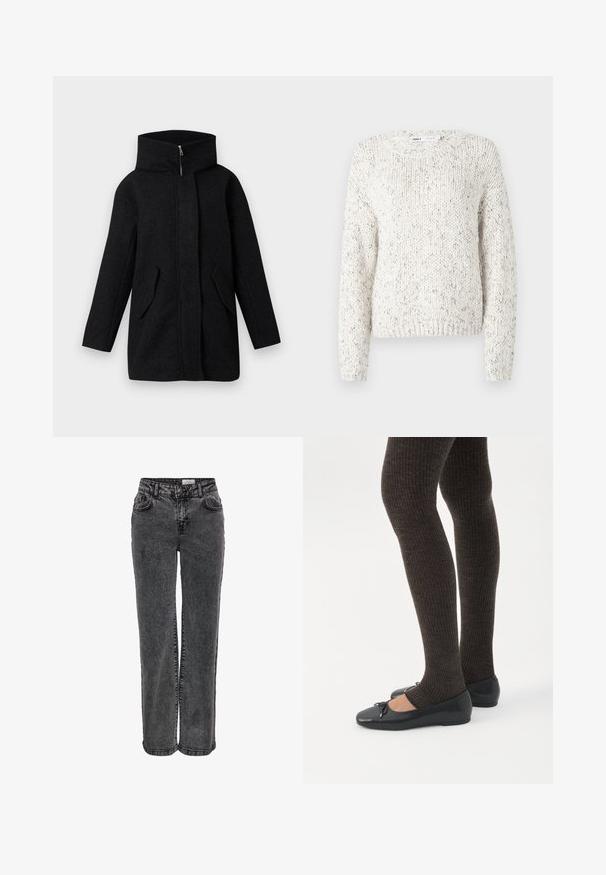 Manteau en laine noir avec un col haut, fermeture éclair frontale cachée par une patte de boutonnage, et deux poches à rabat inclinées, présenté sur un fond blanc.; Pull en tricot blanc avec un motif texturé, encolure ronde large et manches longues. Ourlet et poignets côtelés, avec de délicates touches multicolores.; Jeans en denim noir au design droit, avec poches avant, passants de ceinture et une texture légèrement délavée.; Jambes portant des leggings côtelés foncés associés à des ballerines noires avec de petits détails en nœud sur fond blanc.