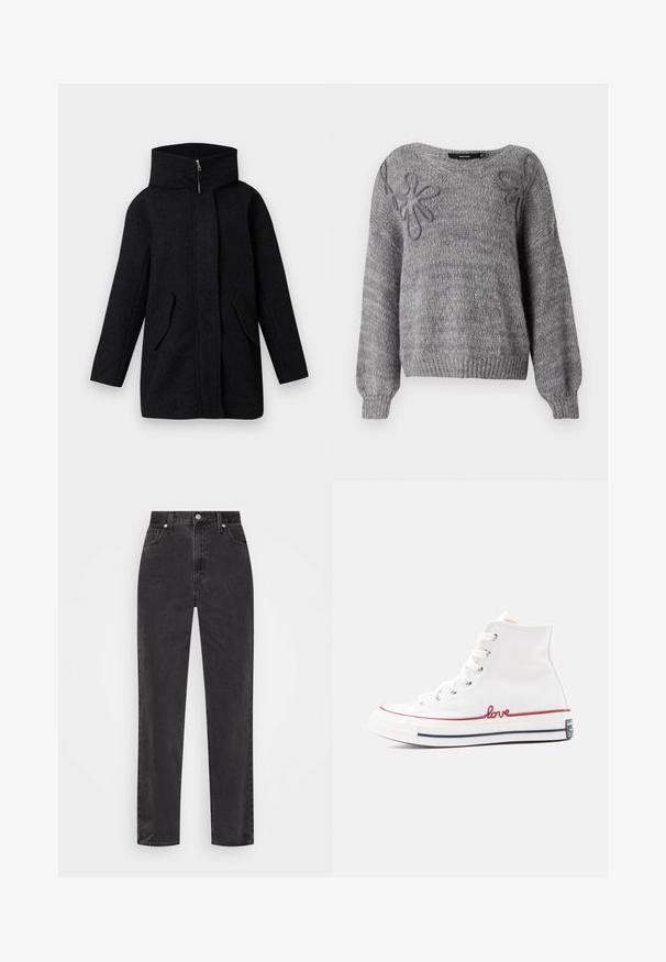 Sort uldfrakke med høj krave, frontlynlås skjult af en plade, og to skrå klaplommer, vist på en hvid baggrund.; Vero Moda VMLOLLIPOP V NECK - Striktrøje - medium grey; Sorte denim jeans med lige ben, høj talje, foran knap og lynlås, samt fem-lomme stil på en hvid baggrund.; Høje hvide canvas-sneakers med rød "love" brodering, gummitåhætte og tonede snørebånd. Har en rød og marineblå stribe på sålen.