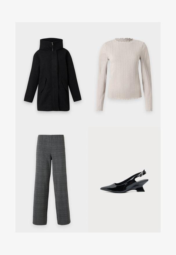 Manteau en laine noir avec un col haut, fermeture éclair frontale cachée par une patte de boutonnage, et deux poches à rabat inclinées, présenté sur un fond blanc.; Haut à manches longues en beige clair avec une texture côtelée. Présente un décolleté festonné et un subtil éclat sur l'ensemble du tissu.; Vero Moda VMBERLIN WIDE PANT - Pantalon classique - dark grey/black; Chaussure slingback en cuir verni noir avec bout pointu et petit talon bloc incliné sur fond clair uni.