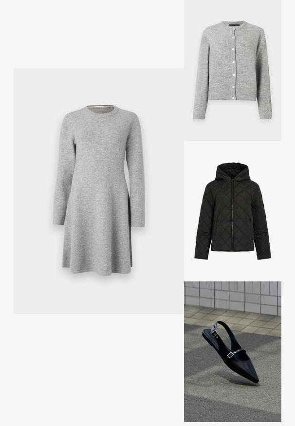 Sort quiltet jakke med diamantsting, frontlynlås, hætte og lange ærmer, vist mod en ensfarvet hvid baggrund.; Lys grå cardigan lavet af blødt strikstof, med rund halsudskæring, lange ærmer og seks hvide knapper ned ad fronten.; Grå langærmet kjole lavet af blødt stof; har en rund halsudskæring og en afslappet pasform, der flarer let ved kanten med sideslids.; Sort flad slingback med spids tå og dobbelte spænder, hvilende på grå asfalt nær flisevæg.