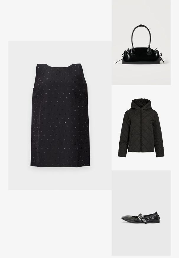 Schwarze gesteppte Jacke mit Rautensteppung, Frontreißverschluss, Kapuze und langen Ärmeln, auf weißem Hintergrund gezeigt.; Schwarzes ärmelloses Kleid mit rundem Ausschnitt, das ein verstreutes Muster aus kleinen, glänzenden silbernen Punkten auf dem Stoff zeigt.; Schwarze Leder-Ballerinas mit spitzem Zehenbereich, gerafften Details am Schaft und einem silbernen Schnallenakzent am verstellbaren Riemen.; Kleine schwarze glänzende Handtasche mit zwei langen Griffen und seitlichen Kordelzug-Details vor einfachem hellem Hintergrund.
