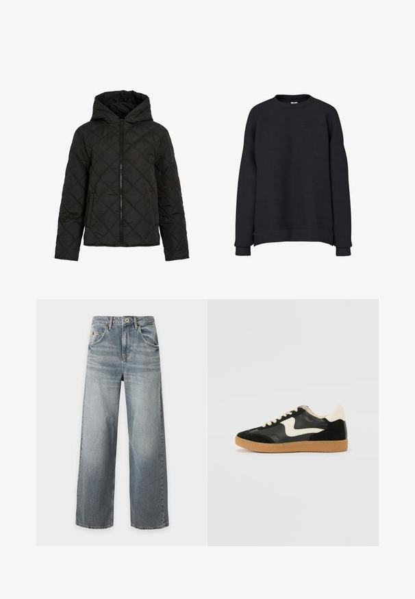 Sort quiltet jakke med diamantsting, frontlynlås, hætte og lange ærmer, vist mod en ensfarvet hvid baggrund.; Sort langærmet crewneck sweatshirt med ribbet manchetter og kant, vist på en ensfarvet hvid baggrund.; Lyseblå jeans med brede ben og falmet vask, frontknap og lynlåslukning, for- og baglommer samt bæltestropper, lagt fladt på hvid baggrund.; Sorte ruskinds- og lædersneakers med en cremefarvet side-swoosh og lys cremefarvet hæl. Har beige snørebånd og en gummirubber-sål.