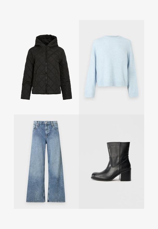 Veste noire matelassée avec un piquage en forme de diamant, fermeture éclair à l'avant, capuche et manches longues, présentée sur fond blanc uni.; Pull ample bleu clair avec un col rond et des manches longues. Texture douce, poignets et ourlet côtelés, coupe courte.; Jean denim bleu clair à jambes larges avec poches avant, passants pour ceinture, fermeture à bouton et détails délavés.; Bottine en cuir noir à bout rond, détails de coutures latérales et talon bloc épais. Texture lisse et design minimaliste.