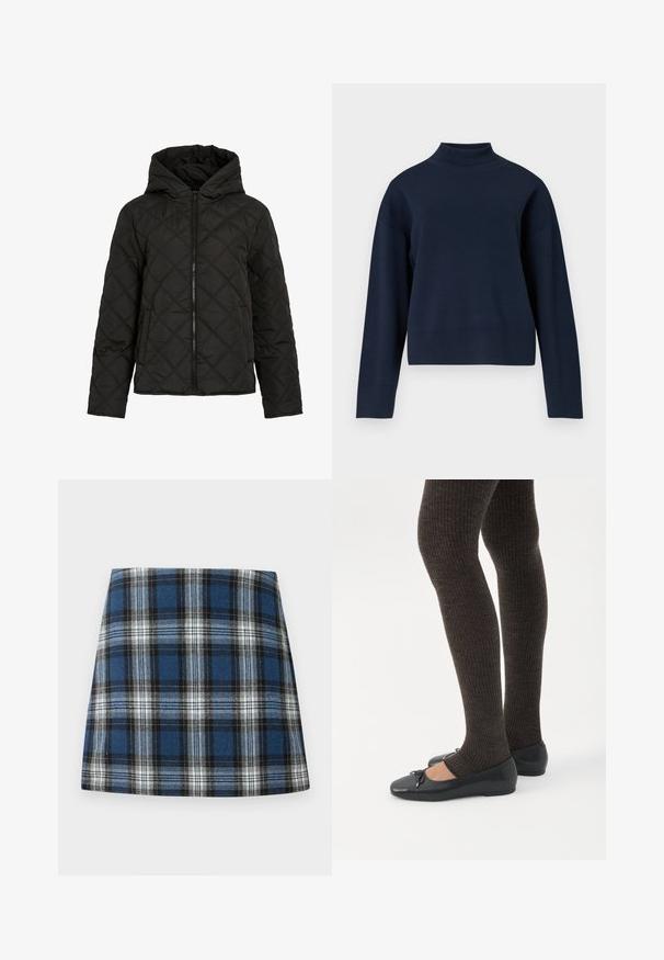 Zwarte gewatteerde jas met ruitvormige stiksels, voorkant met rits, capuchon en lange mouwen, getoond op een effen witte achtergrond.; Navyblauwe coltrui met een relaxte pasvorm, lange mouwen en ribgebreide kraag en zoom; gemaakt van zacht, tekstuurlijk breimateriaal.; Blauwe geruite rok met een gevarieerd ruitpatroon in blauw, zwart en wit. Gemaakt van een textuurstof met een aansluitende pasvorm.; Benen met donkere geribbelde leggings gecombineerd met zwarte ballerina's met kleine strikdetails op een witte achtergrond.