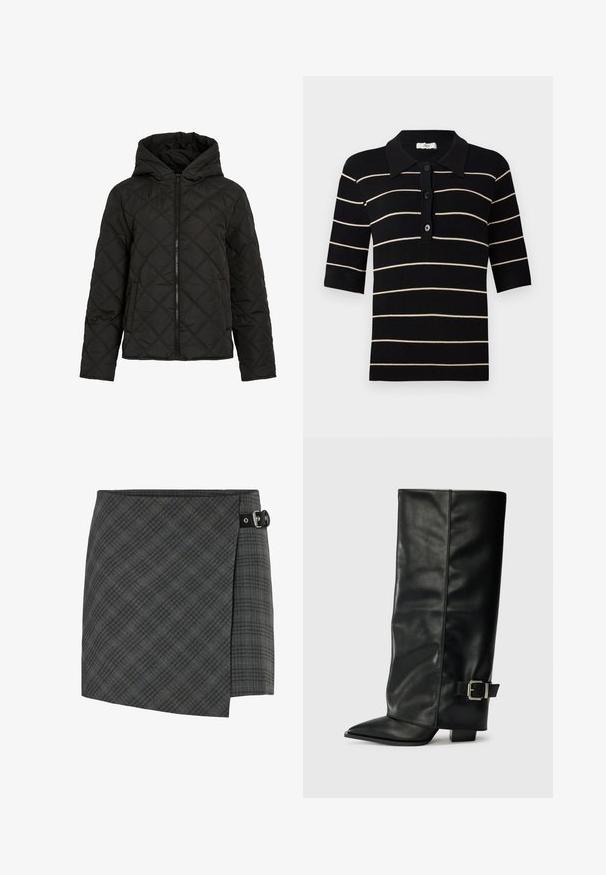 Sort quiltet jakke med diamantsting, frontlynlås, hætte og lange ærmer, vist mod en ensfarvet hvid baggrund.; Sort og creme-stribet polo skjorte med korte ærmer, knaplukning foran og ribbet krave. Fremstillet af strikket stof med en glat overflade.; Mørkegrå ternet uld wrap nederdel med sort spænde detalje på højre side, lige kant og subtil diagonalt mønster.; Sorte læder ankelstøvler i ankellængde med spids tå, glat tekstur og en sølvspændeaccents på siden. Kraftig firkantet hæl.