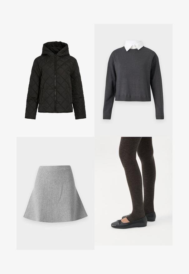 Sort quiltet jakke med diamantsting, frontlynlås, hætte og lange ærmer, vist mod en ensfarvet hvid baggrund.; Mørkegrå cropped sweater med lange ærmer, ribbede kanter og en hvid skjorte under, som har en glat tekstur.; Grå, strikket sømdnederdel med en tekstureret finish. Har en taljeing og en glat silhuet, der smalner ind mod kanten.; Ben iført mørke ribbede leggings kombineret med sorte balletsko med små sløjfedetaljer på hvid baggrund.