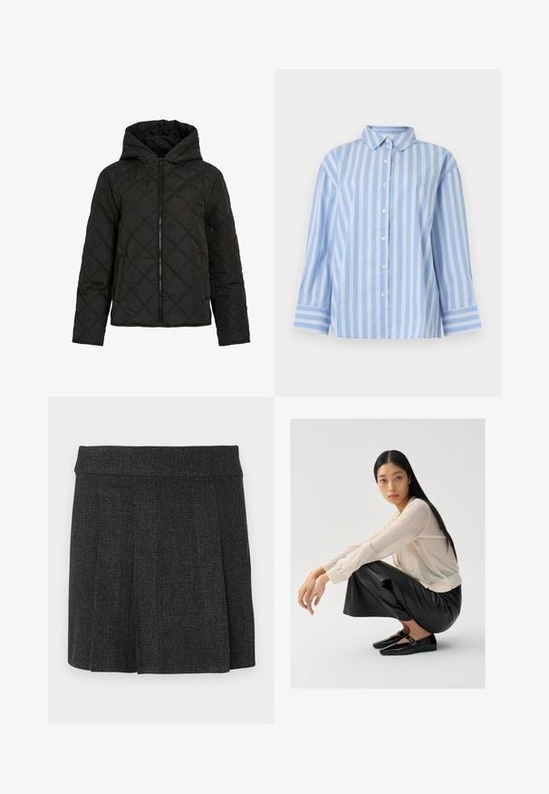 Veste noire matelassée avec un piquage en forme de diamant, fermeture éclair à l'avant, capuche et manches longues, présentée sur fond blanc uni.; Chemise bleu clair à boutons, rayures verticales blanches, manches longues, larges poignets, col classique, présentée sur un fond uni.; Jupe noire plissée en tissu texturé. Ceinture mi-haute avec des lignes épurées. Coupe classique adaptée à diverses occasions.; Pull léger beige clair en maille transparente avec des manches bouffantes, associé à un pantalon large en cuir noir et des chaussures noires brillantes avec un détail de sangle.