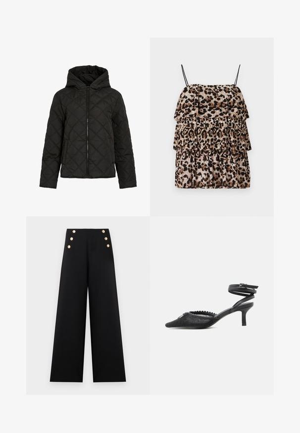 Veste noire matelassée avec un piquage en forme de diamant, fermeture éclair à l'avant, capuche et manches longues, présentée sur fond blanc uni.; Top en imprimé léopard avec trois volants en cascade, conçu en tissu léger. Présente des bretelles noires fines et une texture plissée beige et marron.; Pantalon large noir à taille haute avec deux colonnes de trois boutons décoratifs dorés à l'avant.; Escarpin noir à bout pointu avec talon kitten, dessus en dentelle, bord festonné et bride autour de la cheville avec fermeture à boucle.