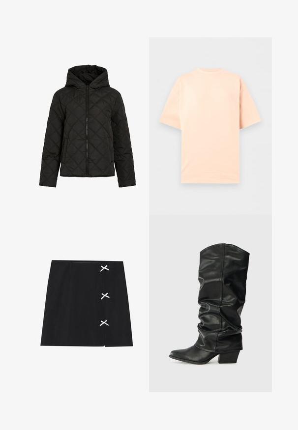 Veste noire matelassée avec un piquage en forme de diamant, fermeture éclair à l'avant, capuche et manches longues, présentée sur fond blanc uni.; T-shirt à manches courtes et col rond de couleur pêche claire unie, présenté à plat sur un fond gris neutre.; Mini-jupe noire avec une texture lisse, ornée de rubans croisés blancs sur le côté gauche. Design simple avec une coupe droite.; Bottes noires en cuir, montantes jusqu'au genou, avec un design plissé, un bout pointu et un talon épais, présentant une texture lisse et des coutures minimales.