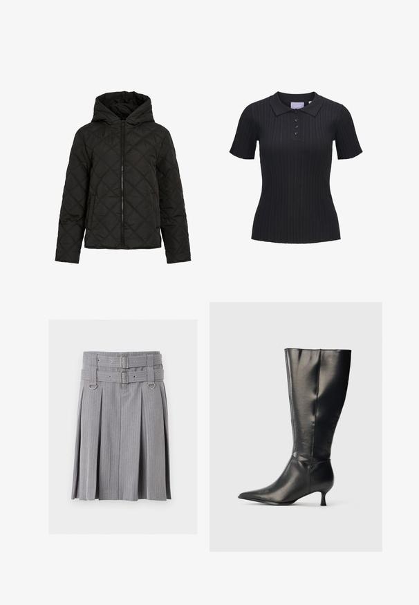 Zwarte gewatteerde jas met ruitvormige stiksels, voorkant met rits, capuchon en lange mouwen, getoond op een effen witte achtergrond.; Zwart kortademig geribbeld katoenen poloshirt met vier knopen en een traditionele kraag.; Grijze plissé rok met spijkerstreep, dubbele riem en zilveren gespen, met D-ring accenten in de taille.; Zwarte leren kniehoge laars met puntige neus en lage kittenhak, weergegeven op een effen lichte achtergrond.