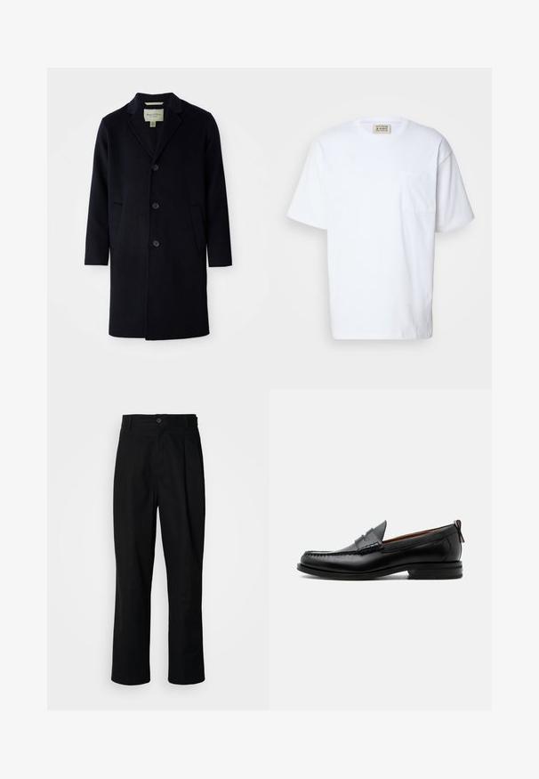 Zwarte enkelgeknoopte lange wollen jas met een notch lapel-kraag, drie knopen, twee voorzakken en rechte mouwen.; Witte t-shirt met korte mouwen van katoen. Bevat een borstzak en subtiele stikseldetails op de zak. Ronde halslijn.; Zwarte rechte broek met een knoopsluiting, lusjes voor een riem en een voornaad, gepresenteerd tegen een effen witte achtergrond.; Zwarte leren herensloffen met moc toe stiksel, pennyriem, gestructureerde kraag en lage gestapelde hak op witte achtergrond.