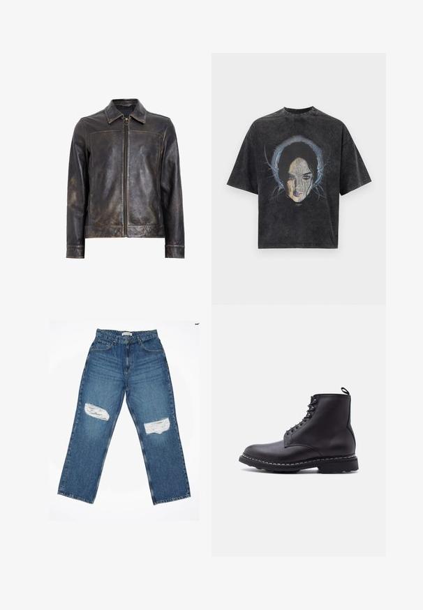 Cazadora de cuero negro con cierre de cremallera, cuello alto y textura sutilmente desgastada. Presenta un acento de hardware circular en la cremallera.; Camiseta de gran tamaño de color gris oscuro con un gráfico de la cara de una mujer y líneas azules abstractas que rodean su cabeza.; Jeans de denim azul claro con un diseño de pierna recta, que presentan dos parches desgastados en las rodillas y un estilo estándar de cinco bolsillos.; Botín de cuero negro con cordones, suela gruesa y tira para tirar en la parte trasera, mostrado de perfil sobre un fondo blanco.