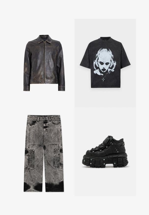Veste en cuir noir avec fermeture éclair, col montant et texture légèrement usée. Présente un accent en métal circulaire sur la fermeture éclair.; T-shirt noir oversize avec un graphisme blanc représentant une personne chauve aux yeux foncés, rouge à lèvres, piercings et un collier avec un pendentif en forme de croix.; FAVELA BIG POCKET - Jean large - black acid washed; Bottines montantes noires en cuir avec une semelle en caoutchouc épaisse, un design à lacets, un col rembourré et des accents métalliques. Présente une semelle extérieure crantée pour une meilleure adhérence.
