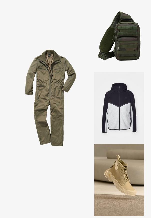 Harmaa ja musta vetoketjullinen takki hupulla. Ominaisuuksiin kuuluu chevron-kuviointi, vetoketjullinen tasku hihassa ja kontrastiväriset materiaalit. Nike-logo näkyvissä.; Vihreä oliivinvärinen haalari kestävästä kankaasta, jossa on vetoketjulaclosure, röyhelökaulus ja useita vetoketjullisia taskuja rinnassa ja sivuilla.; Beigenvärinen korkeavartinen tennari, joka on valmistettu kankaasta. Siinä on pyöreä logodetalji, nauhallinen malli ja kestävä pohja, jossa näkyvät pitokuvioinnit.; Vihreä mönkijärepukka, jossa on useita vetoketjullisia-taskuja, säädettävä hihna ja verkkopaneeli tuuletusta varten.