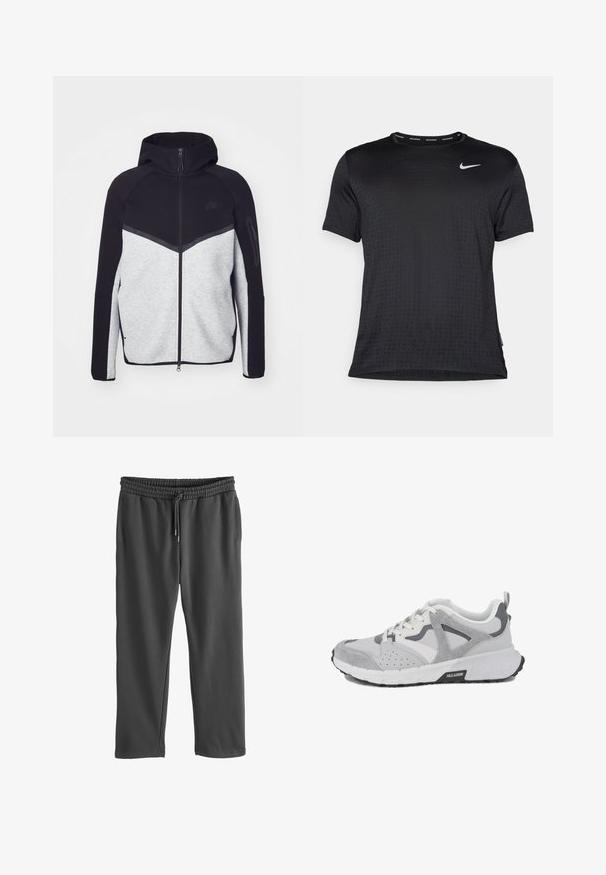 Harmaa ja musta vetoketjullinen takki hupulla. Ominaisuuksiin kuuluu chevron-kuviointi, vetoketjullinen tasku hihassa ja kontrastiväriset materiaalit. Nike-logo näkyvissä.; Musta lyhythihainen urheilupaita, jossa on pyöreä kaula-aukko, hengittävä kangas, hienovarainen kohokuvioitu pistekuvio ja pieni valkoinen Nike-logo rinnassa.; Harmaat collegehousut, joissa on elastinen vyötärö ja säädettävä naru. Valmistettu pehmeästä kankaasta, jossa on sivutaskut ja rento istuvuus.; Valkoinen ja harmaa tennari, jossa mokkanahka- ja verkkopaneelit, nauhallinen suljenta, paksu teksturoitu pohja ja sivussa merkitty tunnuslappu.