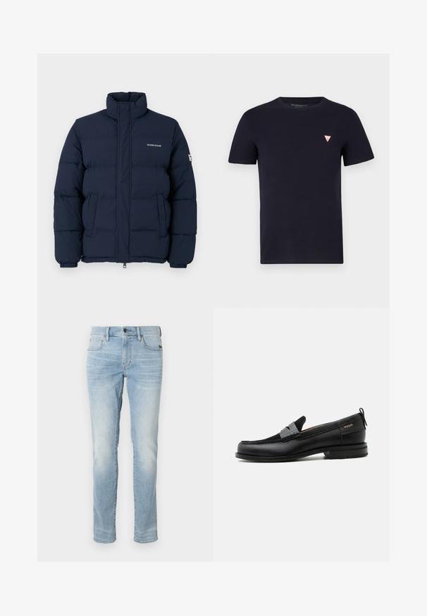 Donkerblauwe pufferjack met hoge kraag, ritssluiting en opvallend gestikt patroon; heeft een logo op de borst en elastische manchetten.; Navyblauwe katoenen T-shirt met een ronde hals en korte mouwen; voorzien van een klein rood driehoeklogo op de linker borst.; Lichtblauwe slim-fit jeans met een voorste knoop, ritssluiting en vijf zakken, tentoongesteld tegen een effen witte achtergrond.; Zwarte leren loafer met grijs riemdetailelement, lage hak en gestructureerde zool, aan de zijkant gebrandmerkt met "HUGO" in goud.