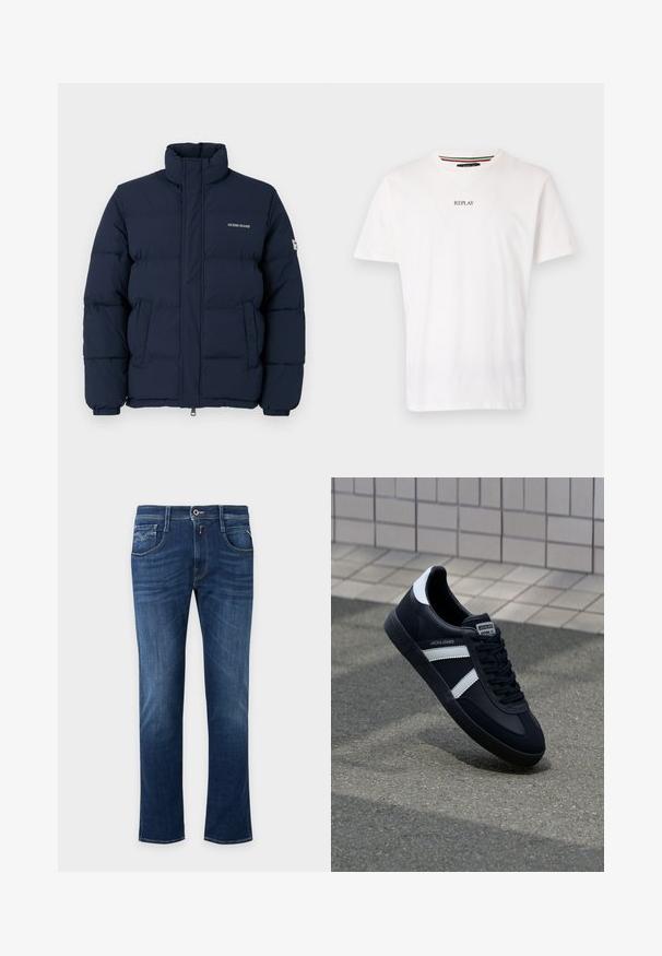 Donkerblauwe pufferjack met hoge kraag, ritssluiting en opvallend gestikt patroon; heeft een logo op de borst en elastische manchetten.; Witte katoenen T-shirt met een v-halsontwerp, korte mouwen en een kleine "REPLAY" op de borst gedrukt. Soepele textuur, casual pasvorm.; Donkerblauwe rechte spijkerbroek met knoopsluiting aan de voorkant, rits en ontwerp met vijf zakken.; Zwarte leren sneaker met witte strepen, een gestructureerde rubberen zool en vetersluiting aan de voorkant. Voorzien van een merklabel op de tong.
