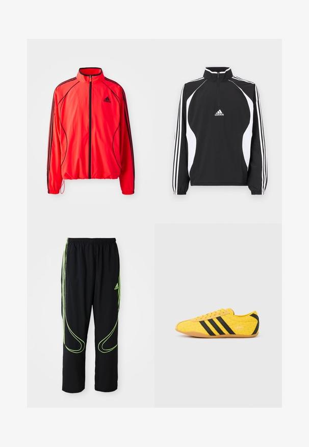 Puna sportlik jakk kõrgema kraega, täispikk lukuga, mustade aktsentidega ja küljetaskutega. Omab elastseid mansette ja kerget disaini.; Mustast materjalist lukuga jope valgete aktsentidega, millel on kõrge krae, pikad varrukad ja kolm valget triipu kummalgi varrukal. Materjal on sile.; Mustad mustad Adidas spordipüksid, millel on neoonrohelised kumerad jooned ja kolm triipu külgedel, elastne vöökoht ja Adidas logo ees reie peal.; Kollane sportlik jalanõu tekstuurse pealiskihiga, millel on mustad triibud ja logo. Ümar nina, pehme tallaosa ning materjalil siksakmuster.