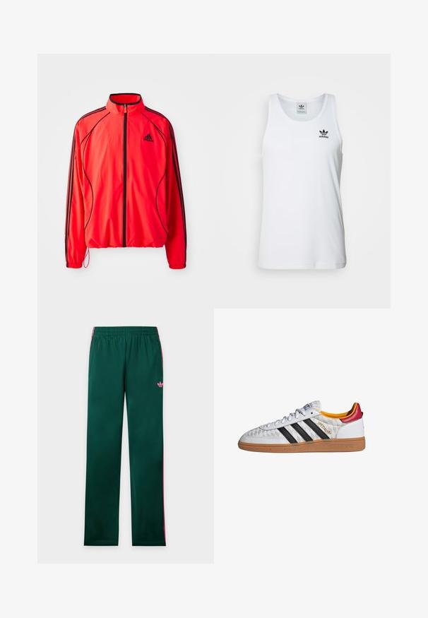 Rote Sportjacke mit hohem Kragen, durchgehendem Reißverschluss, schwarzen Akzenten und Seitentaschen. Verfügt über elastische Bündchen und ein leichtes Design.; Weißes geripptes Tanktop mit Rundhalsausschnitt, schwarzem Adidas-Logo auf der linken Brust und ohne Ärmel. Weiches Baumwollmaterial, lässige Passform.; Grüne Jogginghose mit pinken Seitenstreifen, elastischem Bund, Taschen und kleinem pinkem Adidas-Logo am linken Oberschenkel.; Weißer Adidas Spezial Sneaker mit schwarzen Streifen, Gummisohle, gestepptem Muster, rotem Fersenlaschen und gelber Innenausstattung, Seitenansicht.
