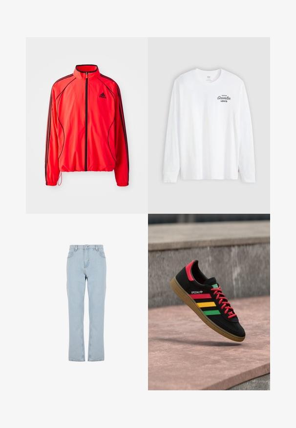 Puna sportlik jakk kõrgema kraega, täispikk lukuga, mustade aktsentidega ja küljetaskutega. Omab elastseid mansette ja kerget disaini.; Valge pikal varrukal, ümar kaelusega särk, mille vasakul rinnal on musta tekstiga "Denim Gremlin Levi's" trükitud.; Helesinised kõrge vöökohaga sirge säärega teksapüksid, ees nupu ja lukuga, ja vööaasadega.; Must Adidas Spezial tossud punaste, kollaste ja roheliste triipude, punaste paelte, kummist tallaga ja punase kontsaga detailiga, kujutatud õhus tänava kohal hõljuvana.