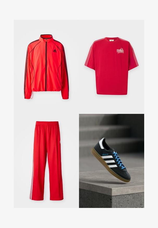 Červená atletická bunda s vysokým golierom, plným zipsom, čiernymi detailmi a bočnými vreckami. Má elastické manžety a ľahký dizajn.; Červené tričko Adidas s krátkym rukávom, bielym logom a futbalovou grafikou na ľavej strane hrudníka a tromi bielymi pruhmi na každom rukáve.; Červené športové nohavice vyrobené z ľahkej tkaniny, s elastickým pásom, dvoma bielymi bočnými prúžkami a malým logom na boku.; Čierna teniska Adidas s bielymi pruhmi, modrými šnúrkami a gumovou podrážkou, ktorá sa vznáša nad sivým betónovým schodom v mäkkom svetle.