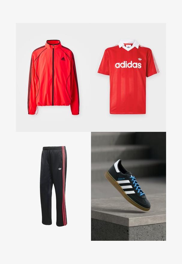 Rote Sportjacke mit hohem Kragen, durchgehendem Reißverschluss, schwarzen Akzenten und Seitentaschen. Verfügt über elastische Bündchen und ein leichtes Design.; Rotes Adidas-Sporttrikot mit weißem Kragen, drei weißen Streifen an den Ärmeln und Adidas-Logo mittig auf der Brust.; Schwarze Jogginghose mit vertikaler Rippstruktur, ausgestattet mit roten und weißen Seitenstreifen sowie einem kleinen weißen Logo am linken Bein.; Schwarzer Adidas-Sneaker mit weißen Streifen, blauen Schnürsenkeln und Gummisohle, der über einer grauen Betontreppe im weichen Licht schwebt.