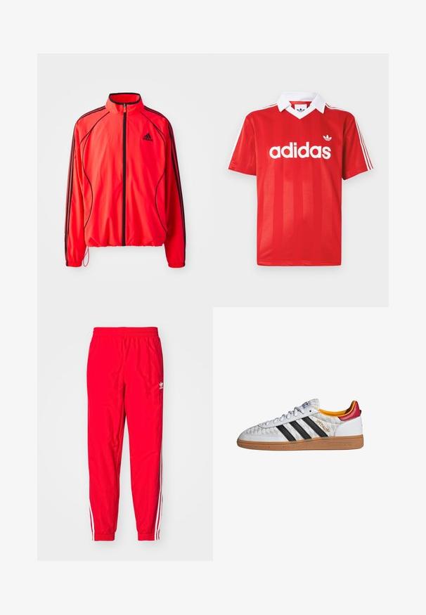 Rode sportjack met hoge kraag, volledige rits, zwarte accenten en zijzakken. Voorzien van elastische boorden en een lichtgewicht ontwerp.; Rood Adidas sportshirt met een witte kraag, drie witte strepen op de mouwen en het Adidas-logo in het midden van de borst.; Rode sportieve broek met een elastische tailleband, witte gestreepte accenten aan de zijkanten en een klein wit logo op de linker dij.; Witte Adidas Spezial sneaker met zwarte strepen, gumzool, doorgestikt patroon, rood hielstuk en gele voering, zijaanzicht.